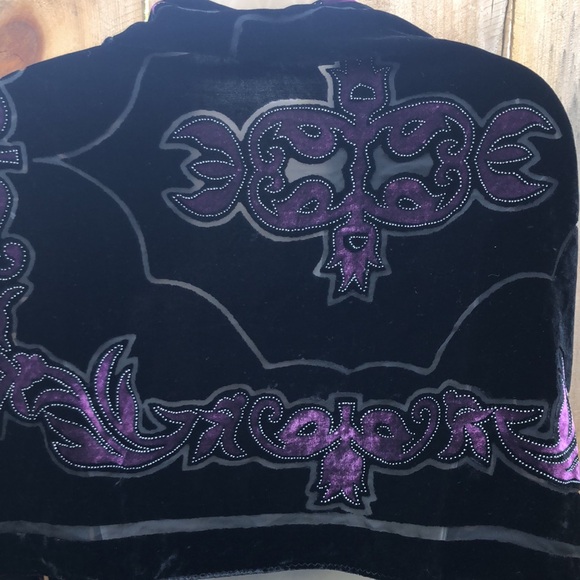 VTG Stunning PURPLE BLACK silk burnout VELVET long fringe art deco wrap shawl - Picture 9 of 15